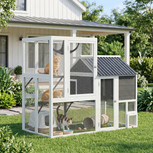 Catio Outdoor Cat Enclosure, 63" L Large Cat House with 4-Way Adjustable Door, Private House, Hammock, 2 Platforms