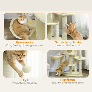 62" Cat Tree with Scratching Post, 2 Condos, Hammock, Perches, Plush, Pompoms, for Indoor Cats, Beige – view 6
