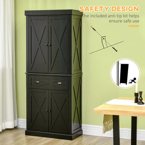 72.5" Kitchen Pantry Cabinet, Freestanding Storage Cabinet with 4 Doors, Drawer and Adjustable Shelves, Black