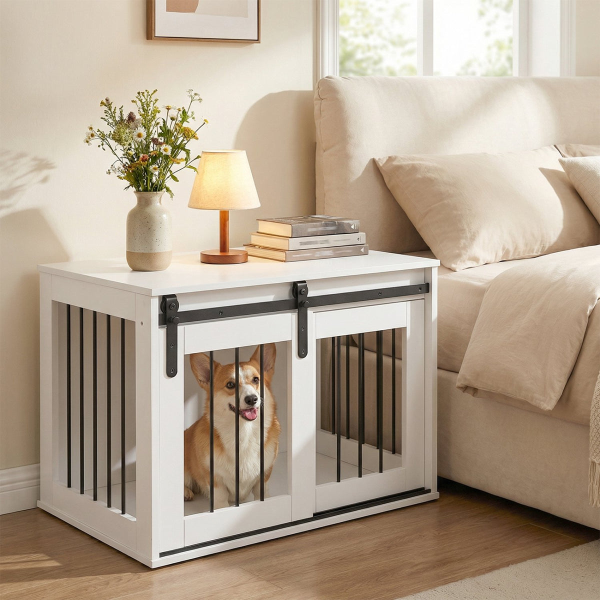 Dog Crate Furniture Heavy Duty Dog Kennel with Sliding Barn Door-White view 2