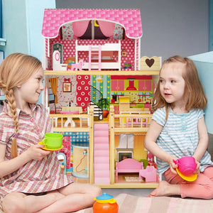 Doll House Playset with 3 Stories and 6 Simulated Rooms and 15 Pieces of Furniture-Pink view 2