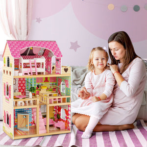 Doll House Playset with 3 Stories and 6 Simulated Rooms and 15 Pieces of Furniture-Pink view 3