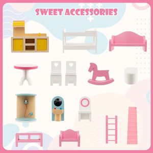 Doll House Playset with 3 Stories and 6 Simulated Rooms and 15 Pieces of Furniture-Pink view 6