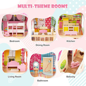 Doll House Playset with 3 Stories and 6 Simulated Rooms and 15 Pieces of Furniture-Pink view 7