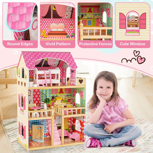 Doll House Playset with 3 Stories and 6 Simulated Rooms and 15 Pieces of Furniture-Pink view 9