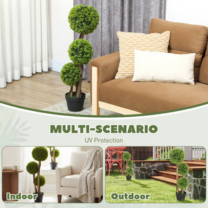 35 Inch 2 Pack Potted Fake Plant, Artificial Boxwood Topiary Trees, Triple Ball Tree for Indoor and Outdoor, Light Green