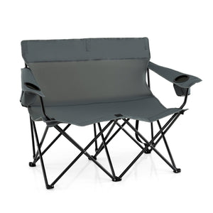 Double Camping Chair 2-Person Outdoor Folding Loveseat with Cup Holders-Gray