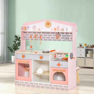 Double-Sided Kids Play Kitchen Set with Canopy and 2 Seats view 2