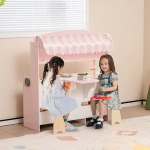 Double-Sided Kids Play Kitchen Set with Canopy and 2 Seats view 3