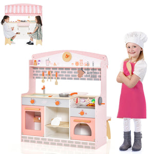 Double-Sided Kids Play Kitchen Set with Canopy and 2 Seats view 4