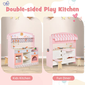 Double-Sided Kids Play Kitchen Set with Canopy and 2 Seats view 6