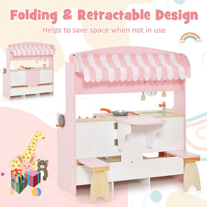 Double-Sided Kids Play Kitchen Set with Canopy and 2 Seats view 7