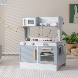 Double Sided Kids Pretend Kitchen Playset with 2-Seat Cafe-Gray view 2