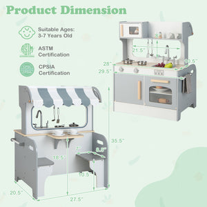 Double Sided Kids Pretend Kitchen Playset with 2-Seat Cafe-Gray view 5