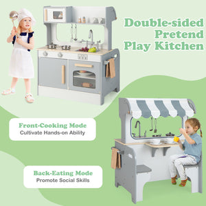 Double Sided Kids Pretend Kitchen Playset with 2-Seat Cafe-Gray view 6