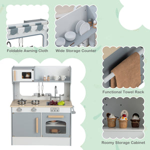 Double Sided Kids Pretend Kitchen Playset with 2-Seat Cafe-Gray view 9