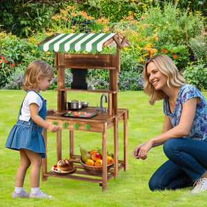 Double-Sided Mud Kitchen with Canopy and Chalkboard for 3+ Years Old-Natural view 2