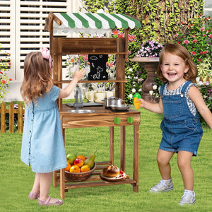 Double-Sided Mud Kitchen with Canopy and Chalkboard for 3+ Years Old-Natural view 3