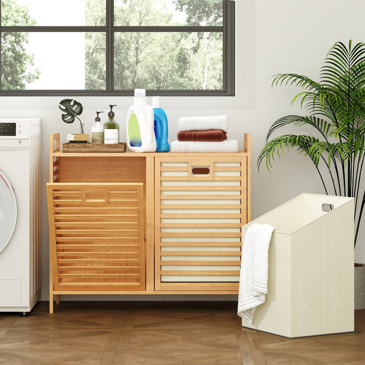 Double Tilt-out Laundry Hamper with 2 Removable Bins-Natural view 2