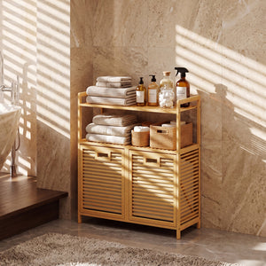 Double Tilt Out Laundry Hamper with 2 Shelves for Dirty Clothes-Natural view 3