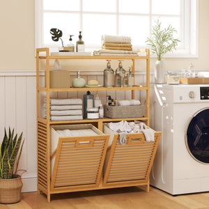 Double Tilt Out Laundry Hamper with 3 Shelves and 2 Removable Baskets for Dirty Clothes-Natural view 2