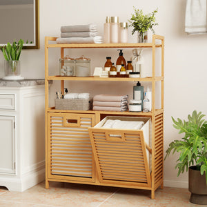 Double Tilt Out Laundry Hamper with 3 Shelves and 2 Removable Baskets for Dirty Clothes-Natural view 3