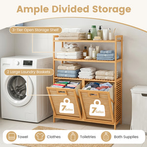 Double Tilt Out Laundry Hamper with 3 Shelves and 2 Removable Baskets for Dirty Clothes-Natural view 6