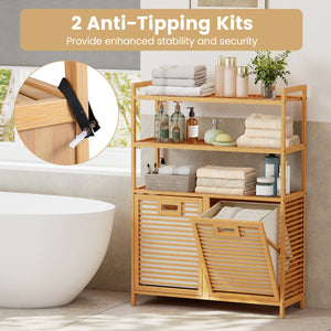 Double Tilt Out Laundry Hamper with 3 Shelves and 2 Removable Baskets for Dirty Clothes-Natural view 9