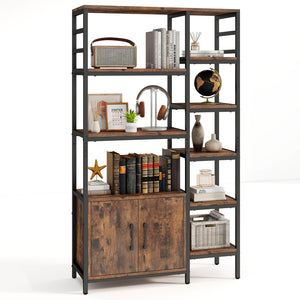 Double Wide 8-Tier Bookshelf with 2-Door Cabinet for Living Room Home Office-Rustic Brown view 4