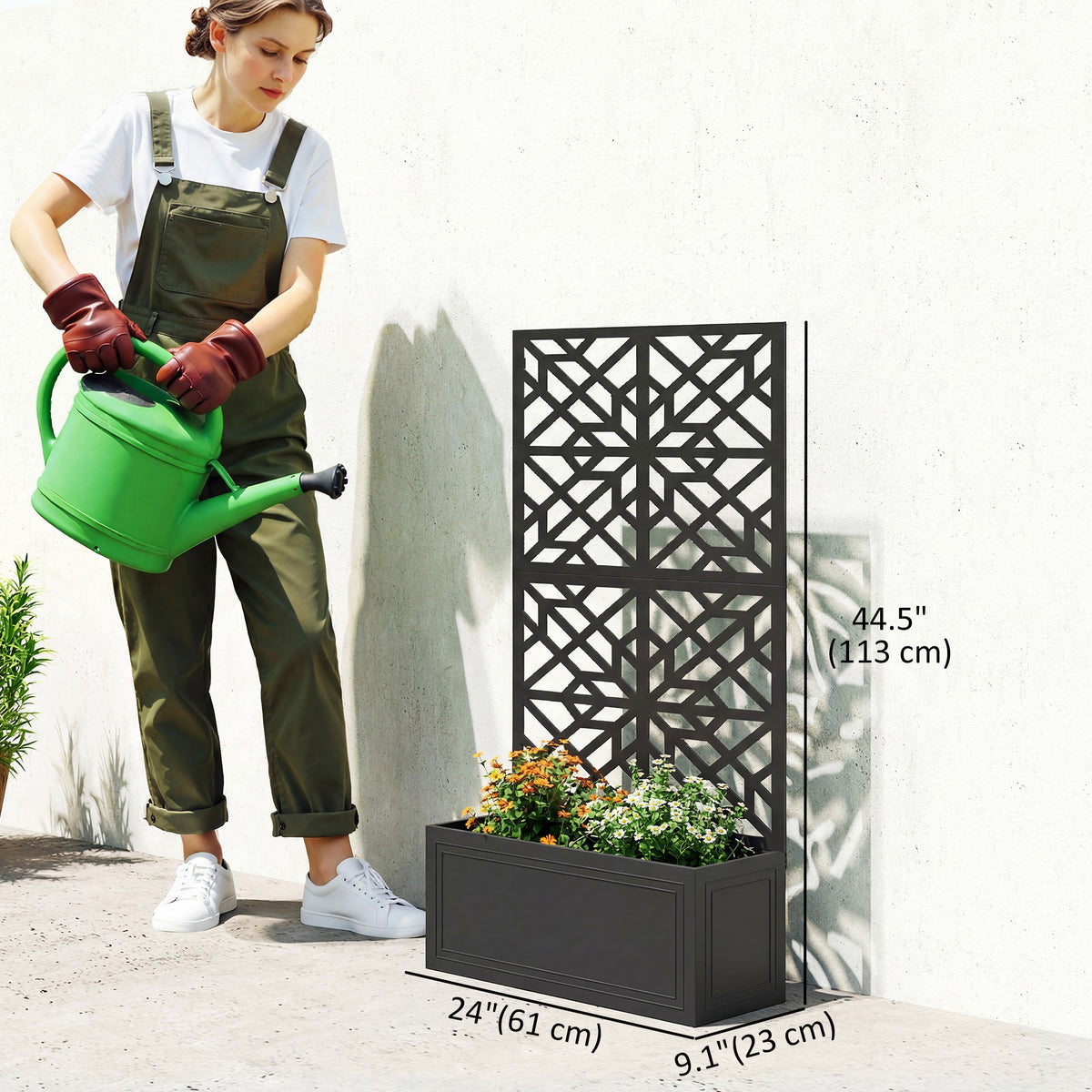 Metal Raised Garden Bed with Trellis for Climbing Plants, Freestanding or Wall Mounted Flower Bed with Privacy Panel