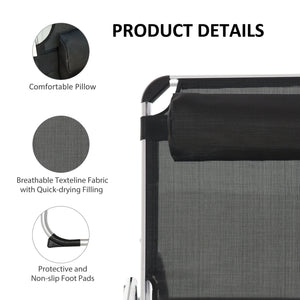 Folding Lounge Chair, Patio Lounger with Headrest, 5-Level Adjustable Backrest, and Aluminum Frame, Black – view 3