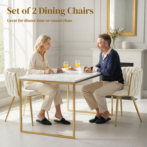 Modern Dining Chairs Set of 2, Velvet-Feel Upholstered Kitchen Chairs with Woven Backrest and Metal Legs, Cream White