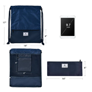Drawstring Backpack String Bag Foldable Sports Sack with Zipper Pocket-Dark Blue view 4