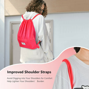 Drawstring Backpack String Bag Foldable Sports Sack with Zipper Pocket-Pink view 9