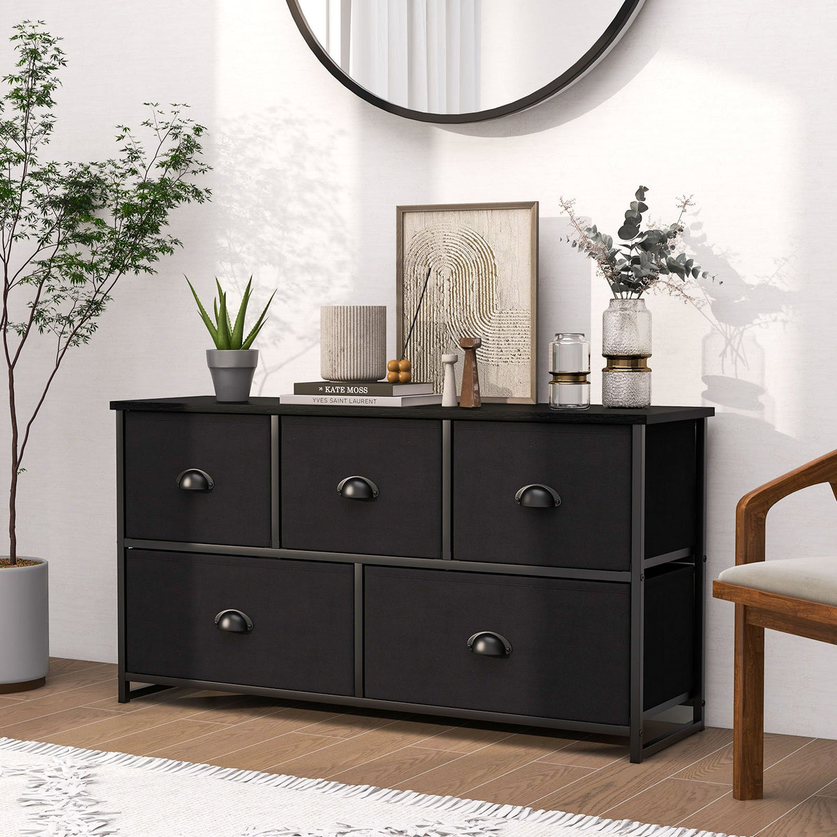 Dresser Storage Tower with 5 Foldable Cloth Storage Cubes-Black view 2