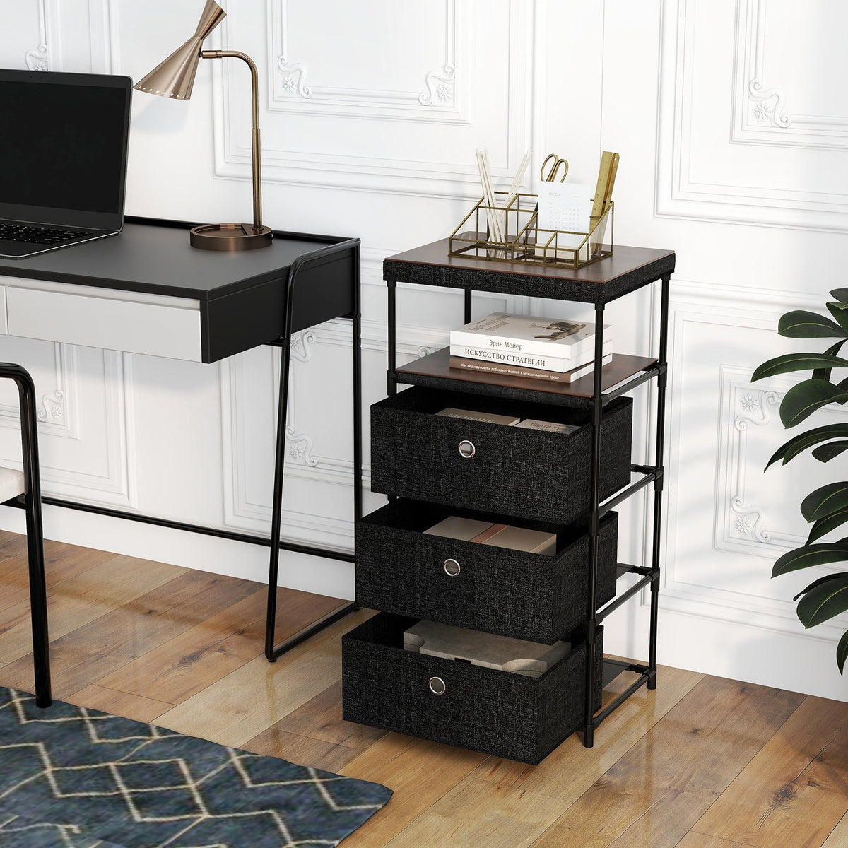 Dresser with 3/4 Drawers Fabric Storage Tower with Wood Top and Metal Frame-M view 2
