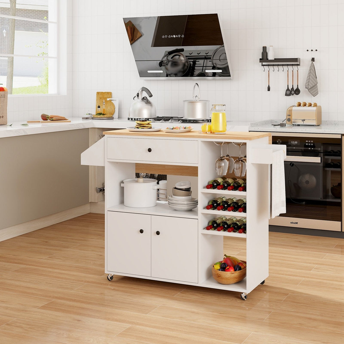 Drop Leaf Mobile Kitchen Island Cart with Power Outlet and Adjustable Shelf-White view 2