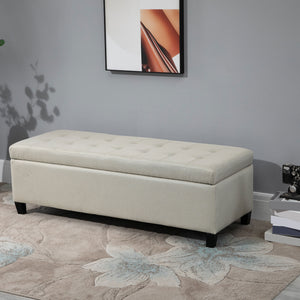 Rectangular Entry Bench, Tufted Upholstered Linen Fabric Wood Feet Storage Ottoman Bench, Beige – view 7