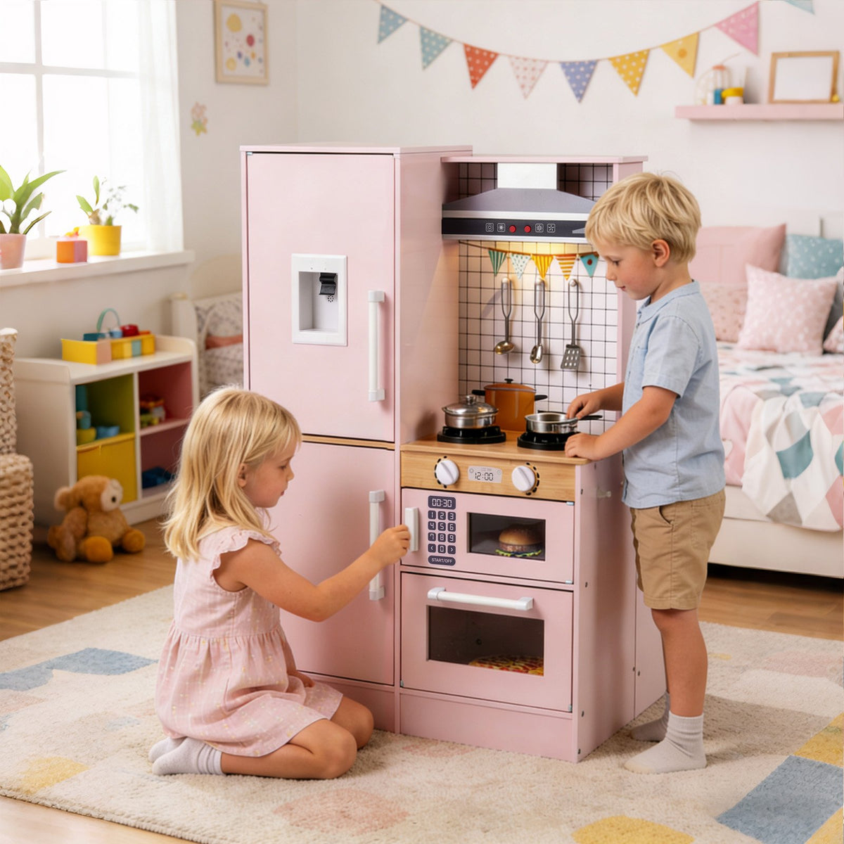 Dual-Sided Kids Play Kitchen with Water Dispenser and Range Hood for 3+ Years Old-Pink view 2