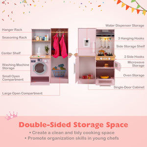 Dual-Sided Kids Play Kitchen with Water Dispenser and Range Hood for 3+ Years Old-Pink view 9