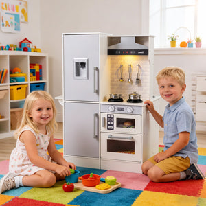 Dual-Sided Kids Play Kitchen with Water Dispenser and Range Hood for 3+ Years Old-White view 2