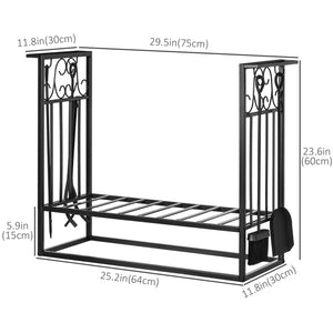 29.5" x 11.75" x 23.5" Heavy Duty Firewood Wood Log Rack Vintage Design Firewood Storage Shelf w/ 4 Tools, Black