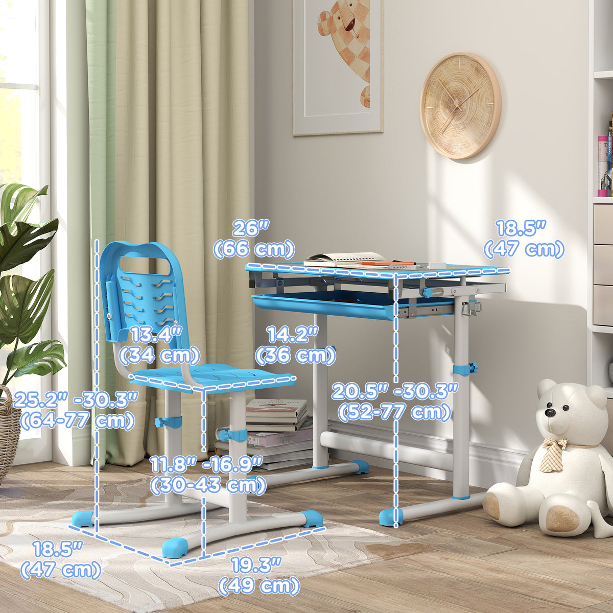 Qaba Height Adjustable Study Table and Chair Set with Drawer, Pen Slot, Tiltable Desktop, Hook