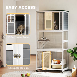 74" Wooden Outdoor Cat House Weatherproof & Wheeled with High Weight Capacity, Kitten Cage Condo, White