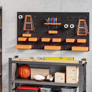 33 Piece Metal Pegboard Panels, Peg Board with 16 Hooks, Bins and Racks, Black and Orange