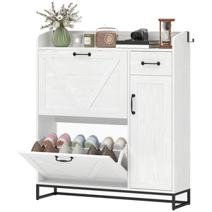 Farmhouse Shoe Storage Cabinet with Side Cabinet and Adjustable Shelves for Entryway, Hallway, Holds 12 Pairs, Black