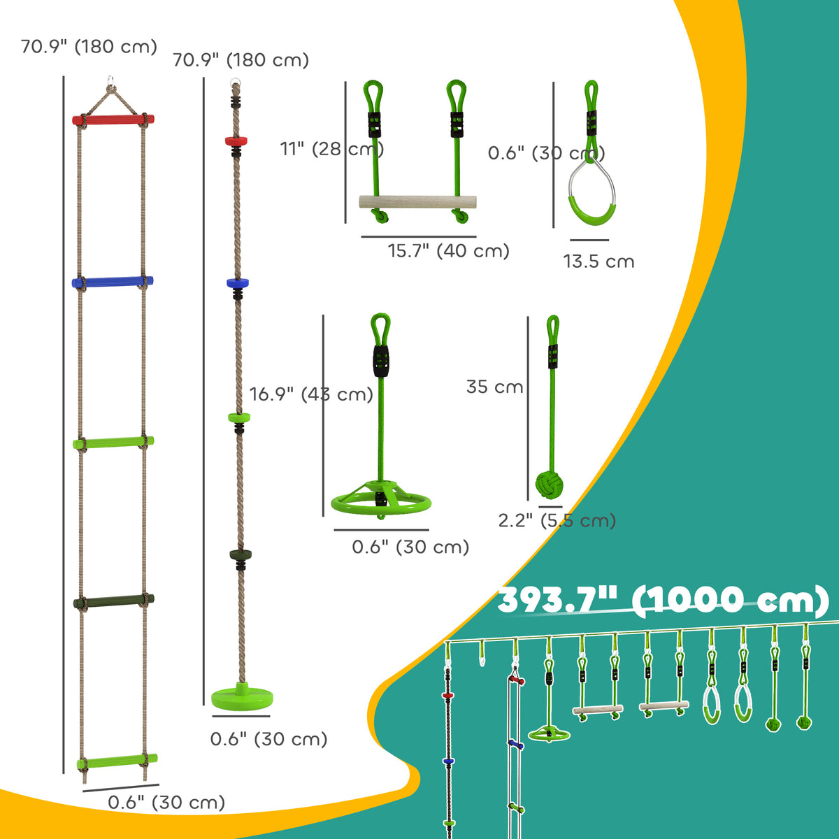 Qaba Obstacle course for Kids, with 10-Piece Slackline Kit with Monkey Bars, Gym Rings, Rope Ladder, Nest Swing, Hanging Tray