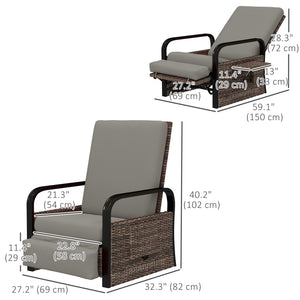 Wicker Outdoor Recliner Chair, Reclining Lounge Chair with Adjustable Backrest, Footrest and Side Tray, Light Grey