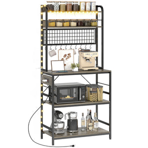 Kitchen Baker's Rack with Power Outlet and LED Light, 5-Tier Coffee Bar Station with 10 Hooks, Grey