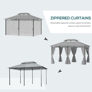 10' x 13' Patio Gazebo, Outdoor 2-Tiers Garden Canopy Yard Sunshade Shelter with Curtains, Khaki – view 11